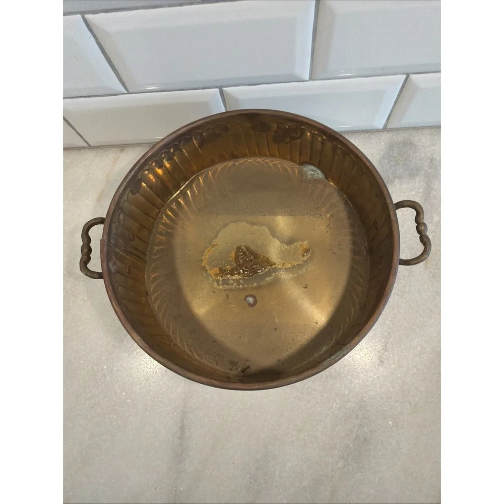 Vintage 1950s Solid Brass Round Planter Plant Pot w/ 2 Handles OLA0043